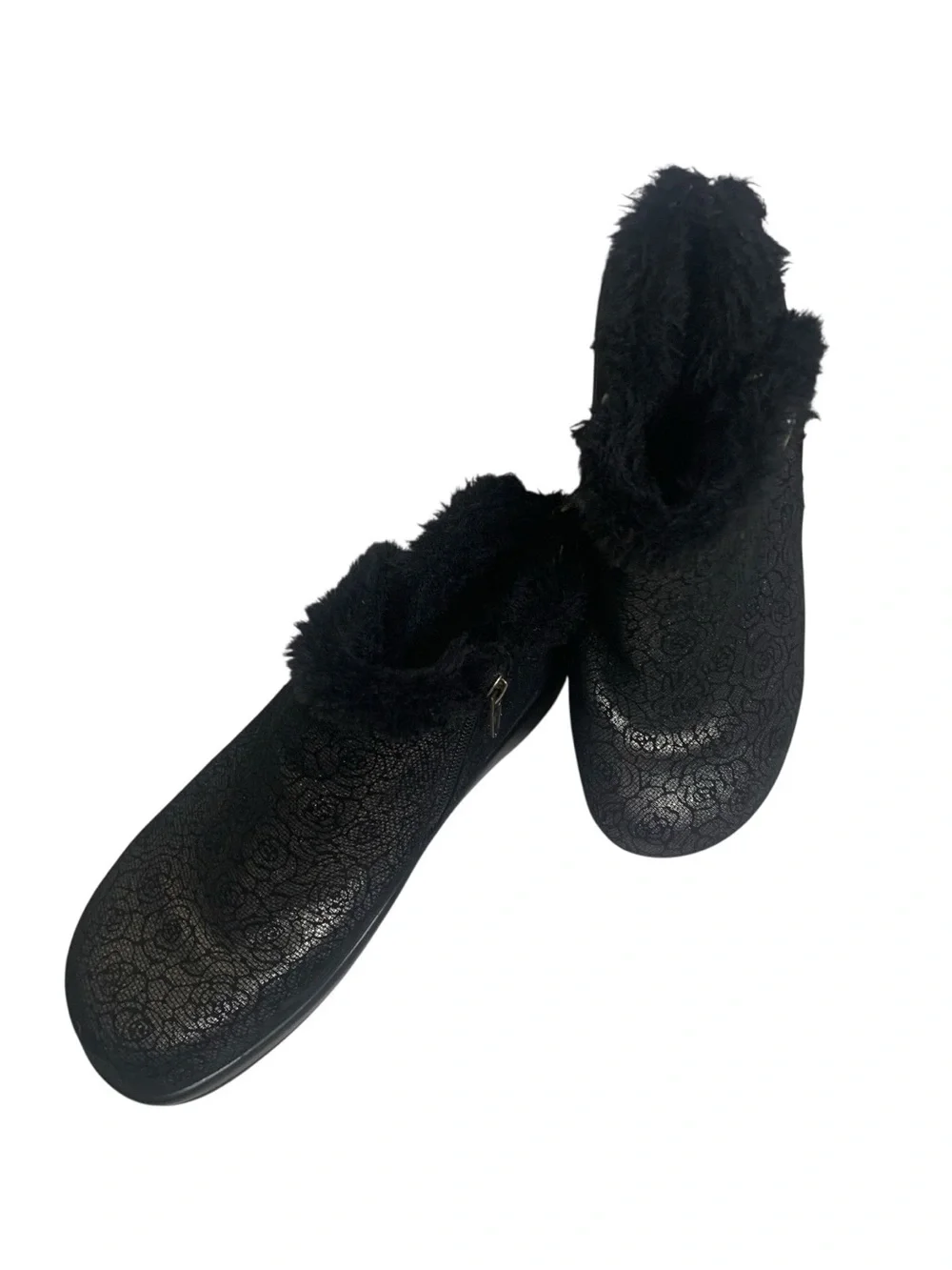 Alegria Meri Black Florette Roses Leather Ankle Boots Faux Fur Trim  36W/5.5-6W